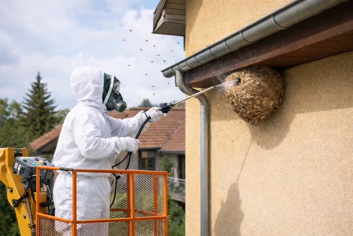 Destruction d'un nid de guêpes par un technicien équipé